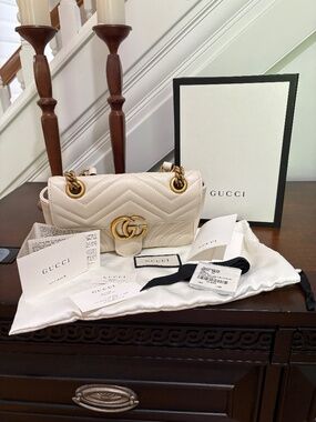 Gucci White and Gold Marmont Shoulder or Crossbody Bag, with documentation
